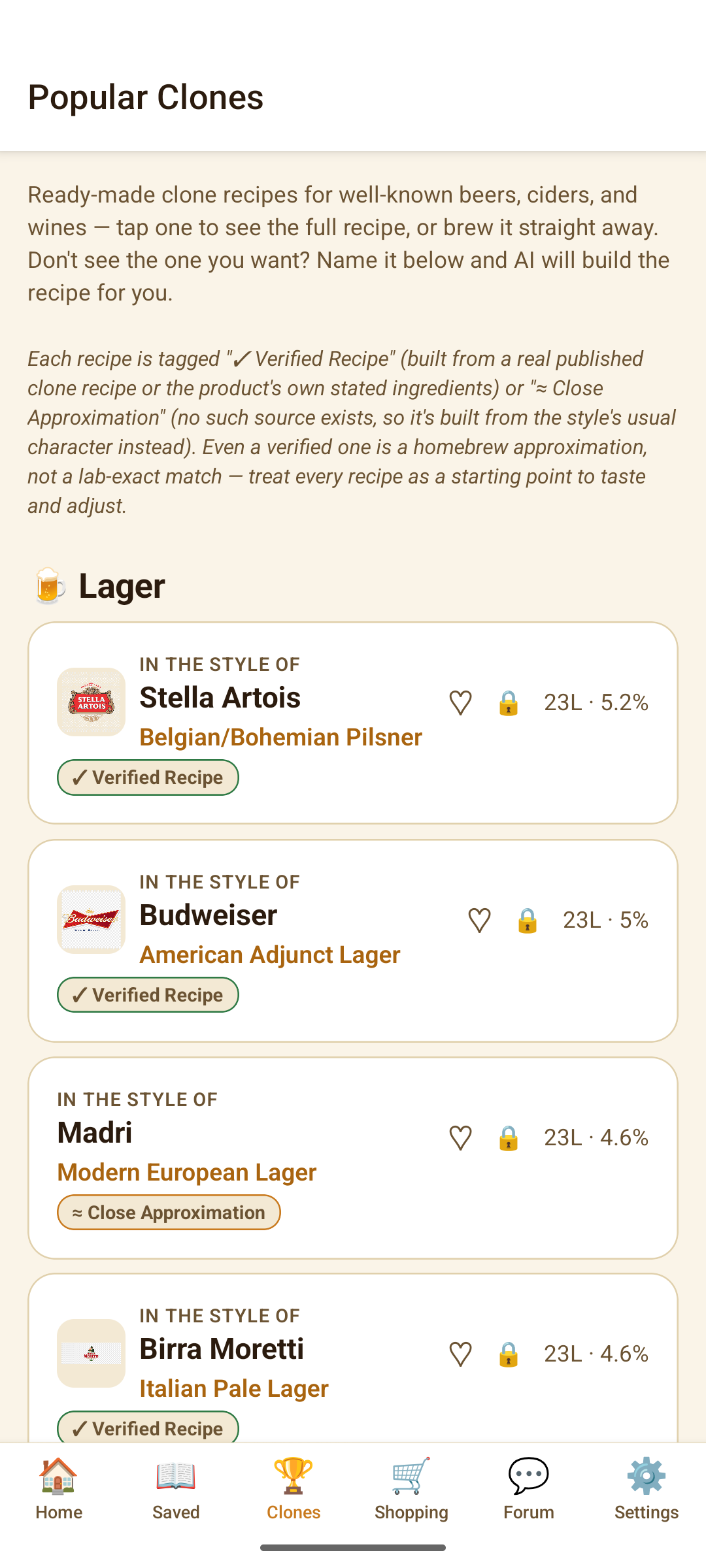 Homebrew Hero Popular Clones screen, showing recipes styled after Stella Artois, Budweiser, Madrí, and Birra Moretti with ABV and batch size